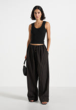 Ivanna - Elasticated Wide Leg Striped Cotton Trousers - Black/Brown