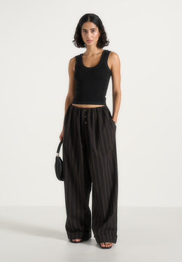 Ivanna - Elasticated Wide Leg Striped Cotton Trousers - Black/Brown