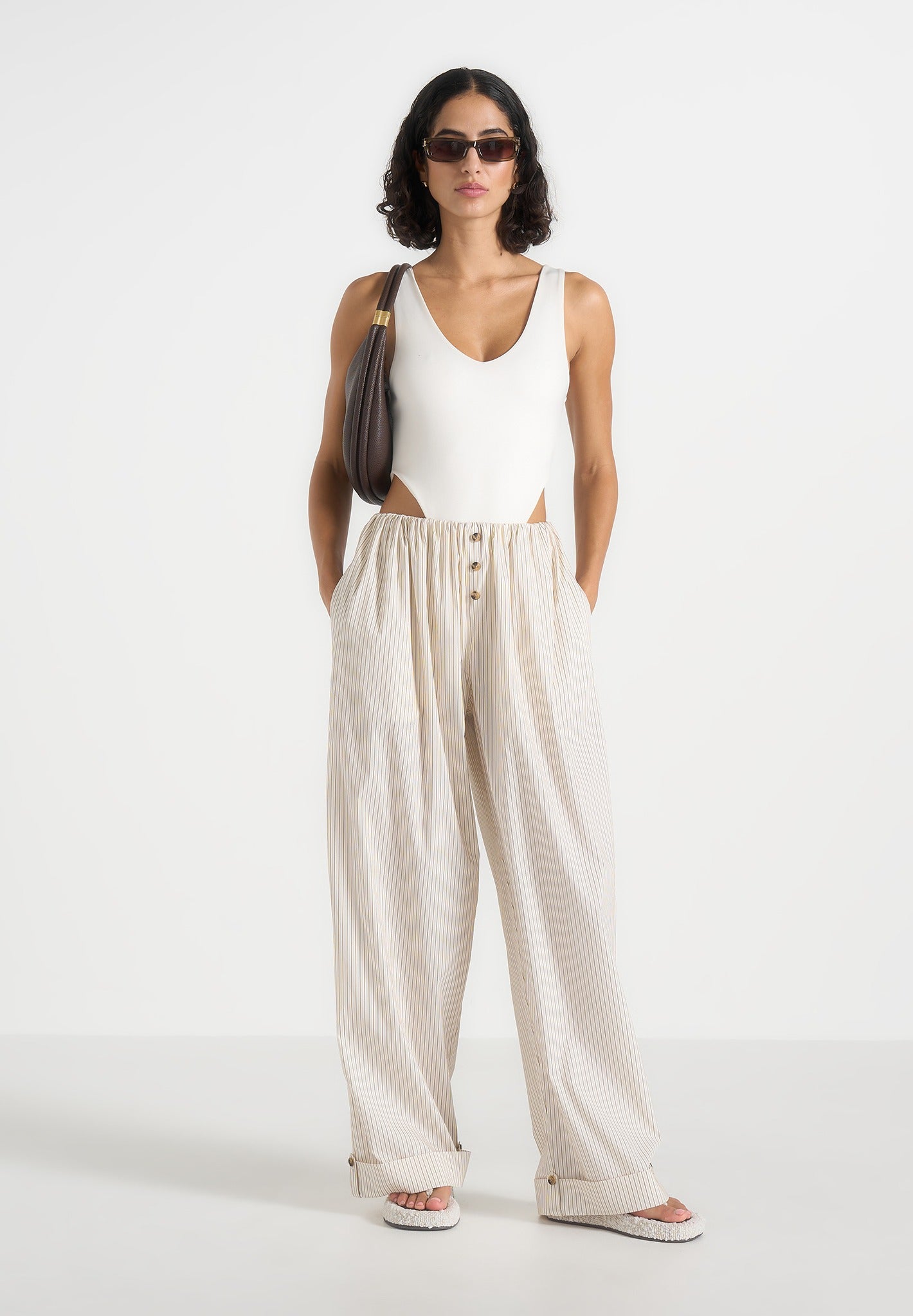 Ivanna - Elasticated Wide Leg Striped Cotton Trousers - Cream