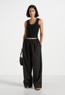 Ivanna - Elasticated Wide Leg Striped Cotton Trousers - Black/Brown
