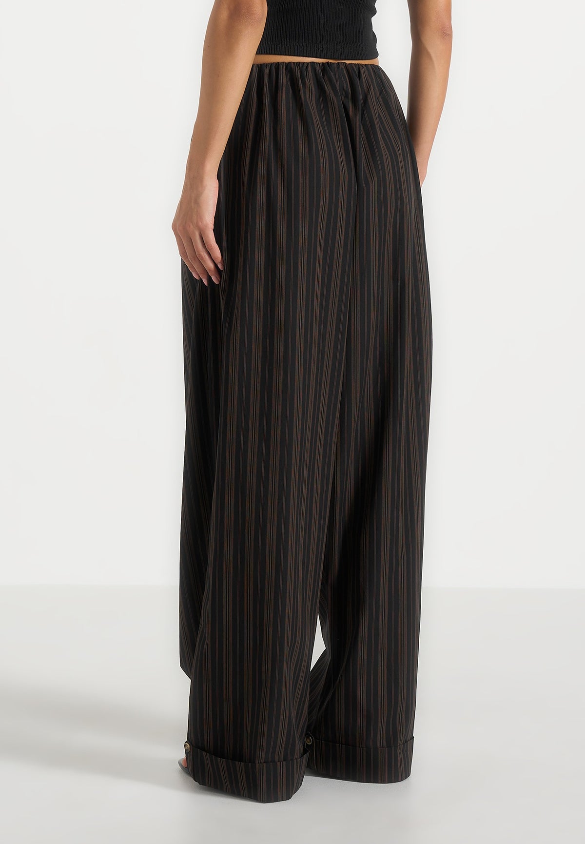 Ivanna - Elasticated Wide Leg Striped Cotton Trousers - Black/Brown