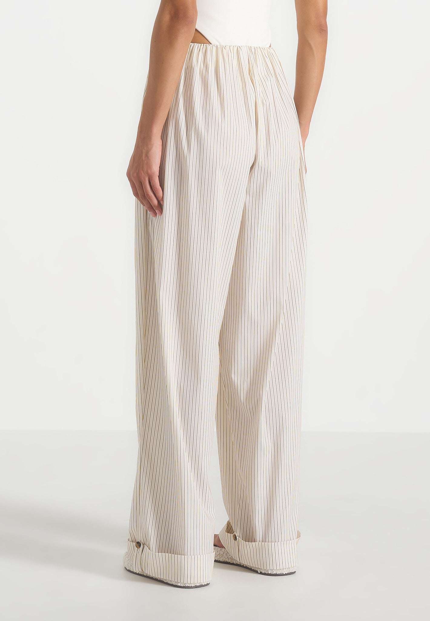 Ivanna - Elasticated Wide Leg Striped Cotton Trousers - Cream