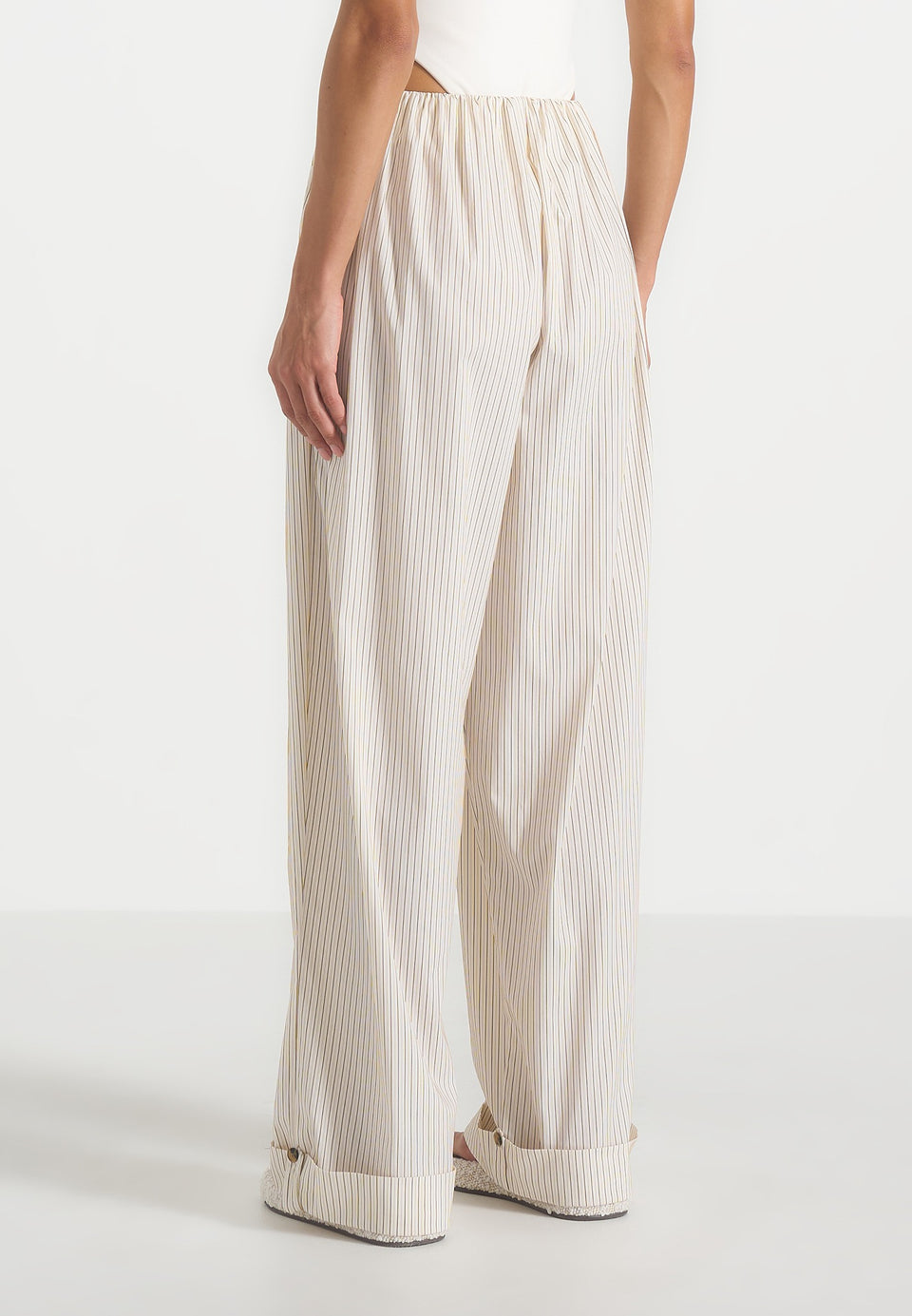 Ivanna - Elasticated Wide Leg Striped Cotton Trousers - Cream