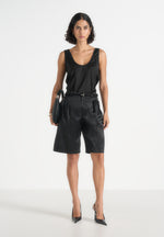 Lorette - Twin Pleat Satin Shorts - Black