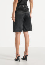 Lorette - Twin Pleat Satin Shorts - Black