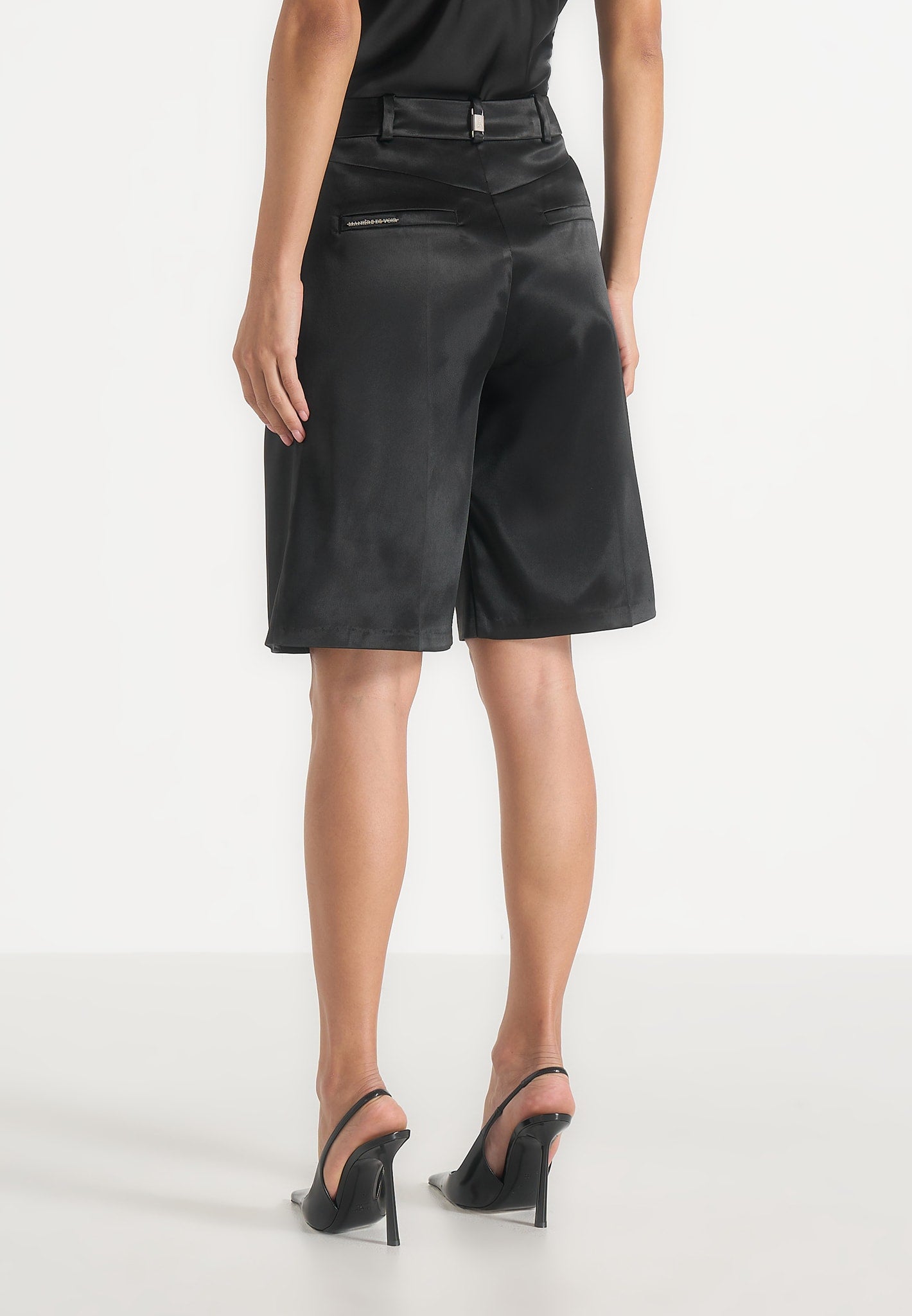 Lorette - Twin Pleat Satin Shorts - Black