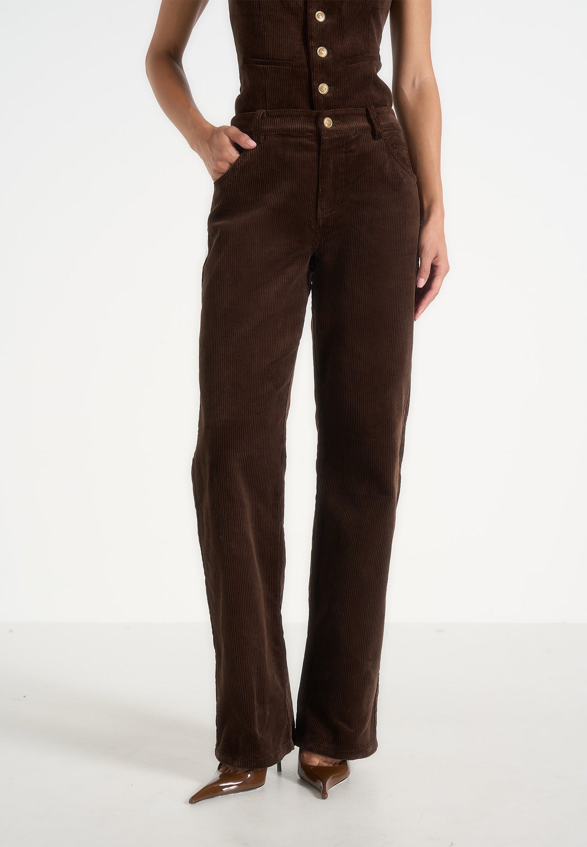 Clover - Mid-Rise  Corduroy Trousers - Brown