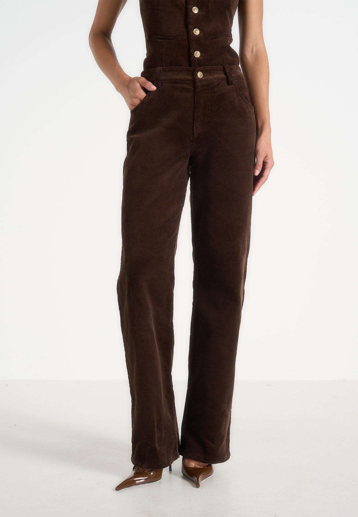 Clover - Mid-Rise  Corduroy Trousers - Brown