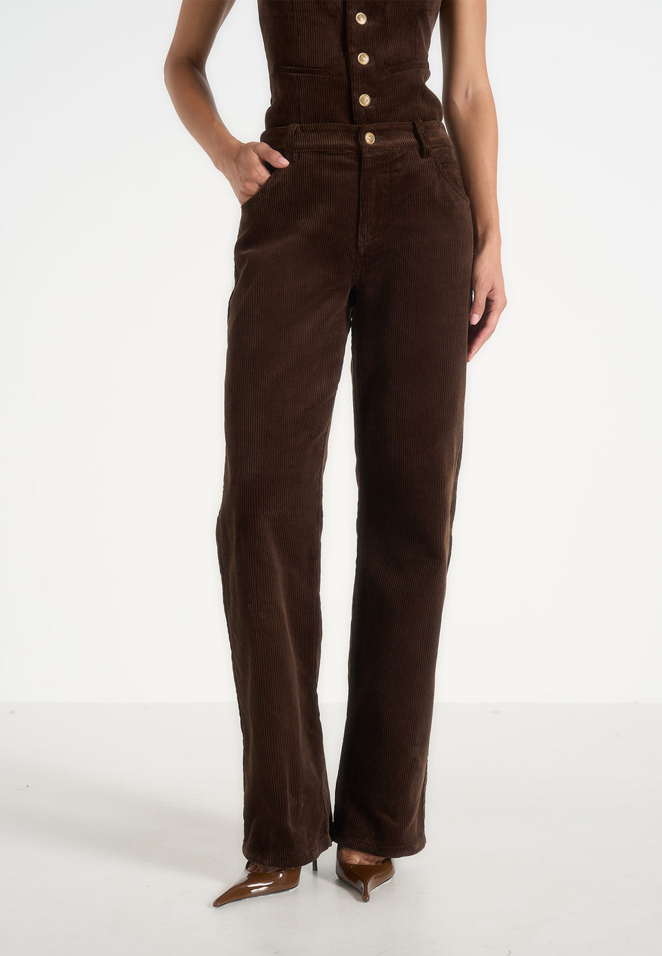 Clover - Mid-Rise  Corduroy Trousers - Brown