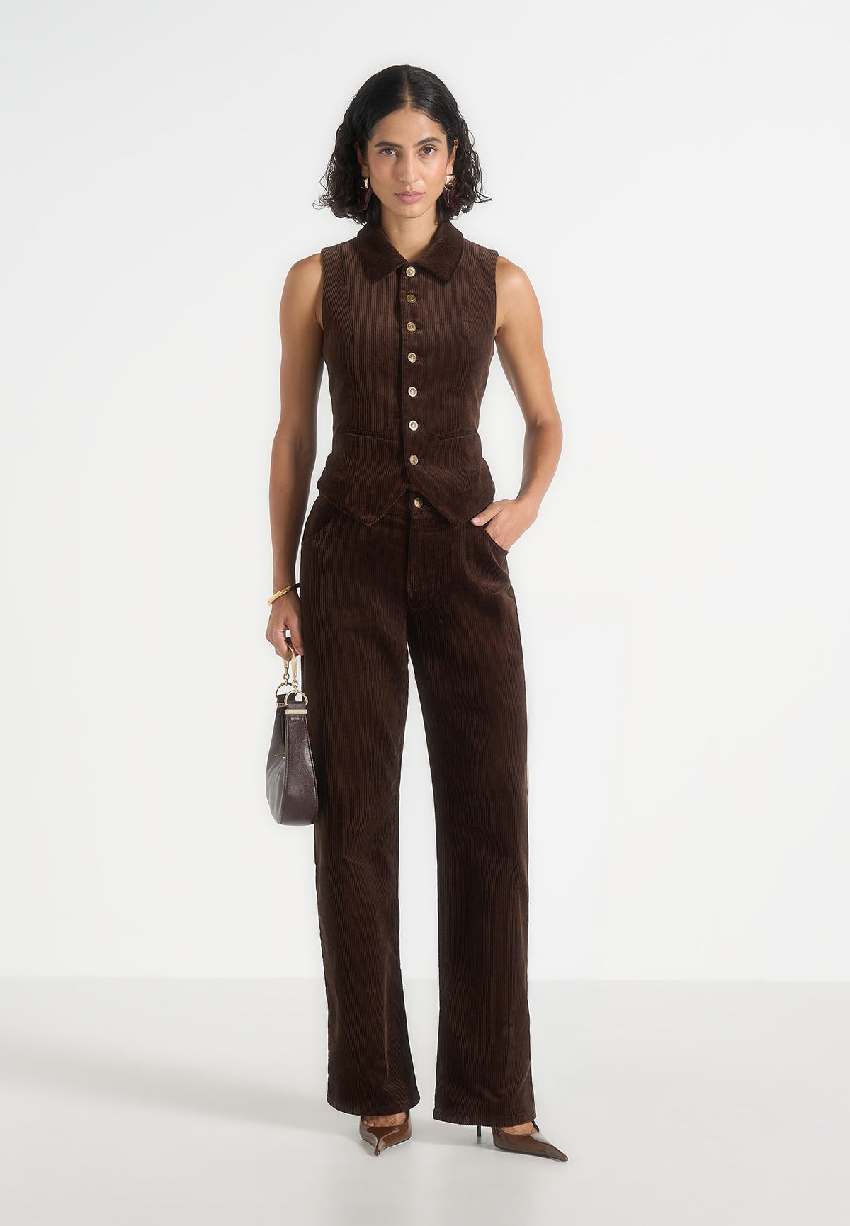 Clover - Mid-Rise  Corduroy Trousers - Brown