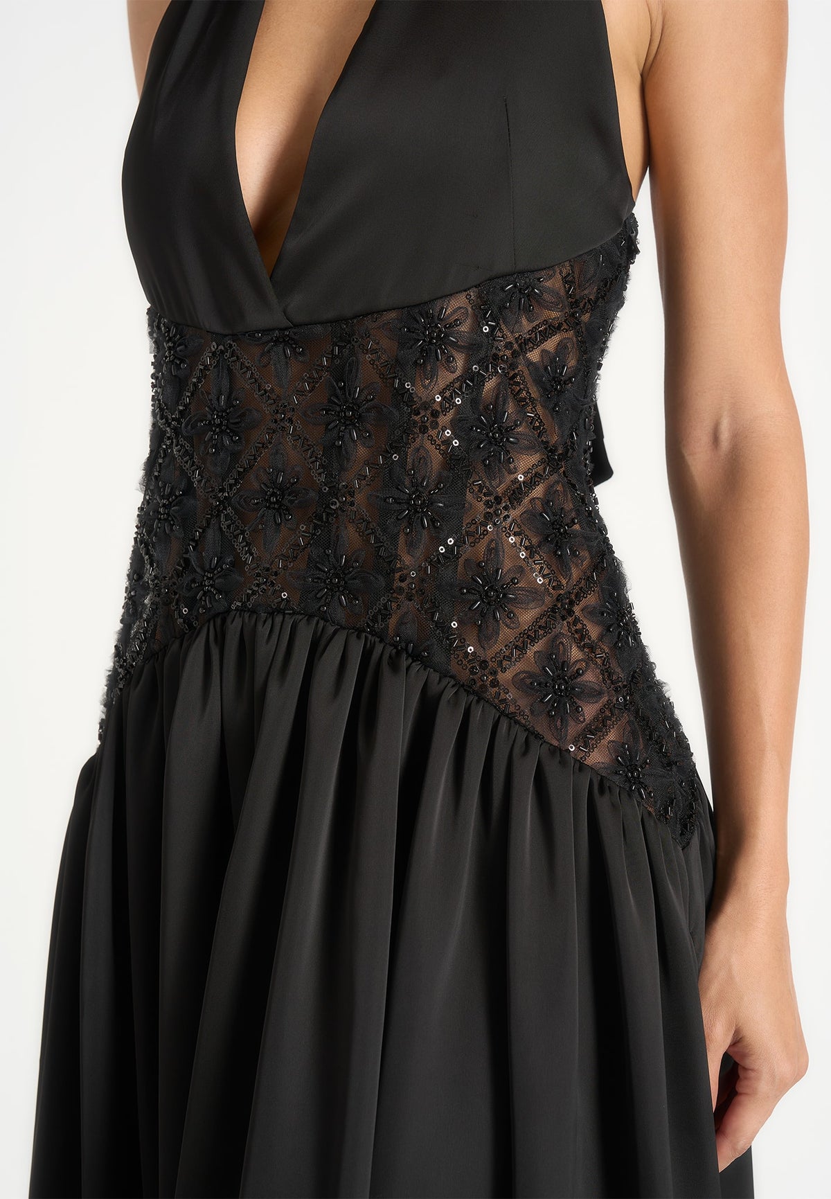 Ava - Halterneck Embellished Corset Gathered Maxi Dress - Black