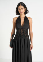 Ava - Halterneck Embellished Corset Gathered Maxi Dress - Black