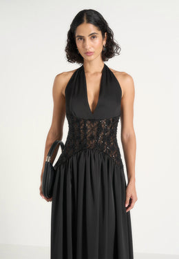 Ava - Halter Neck Embellished Corset Gathered Maxi Dress - Black