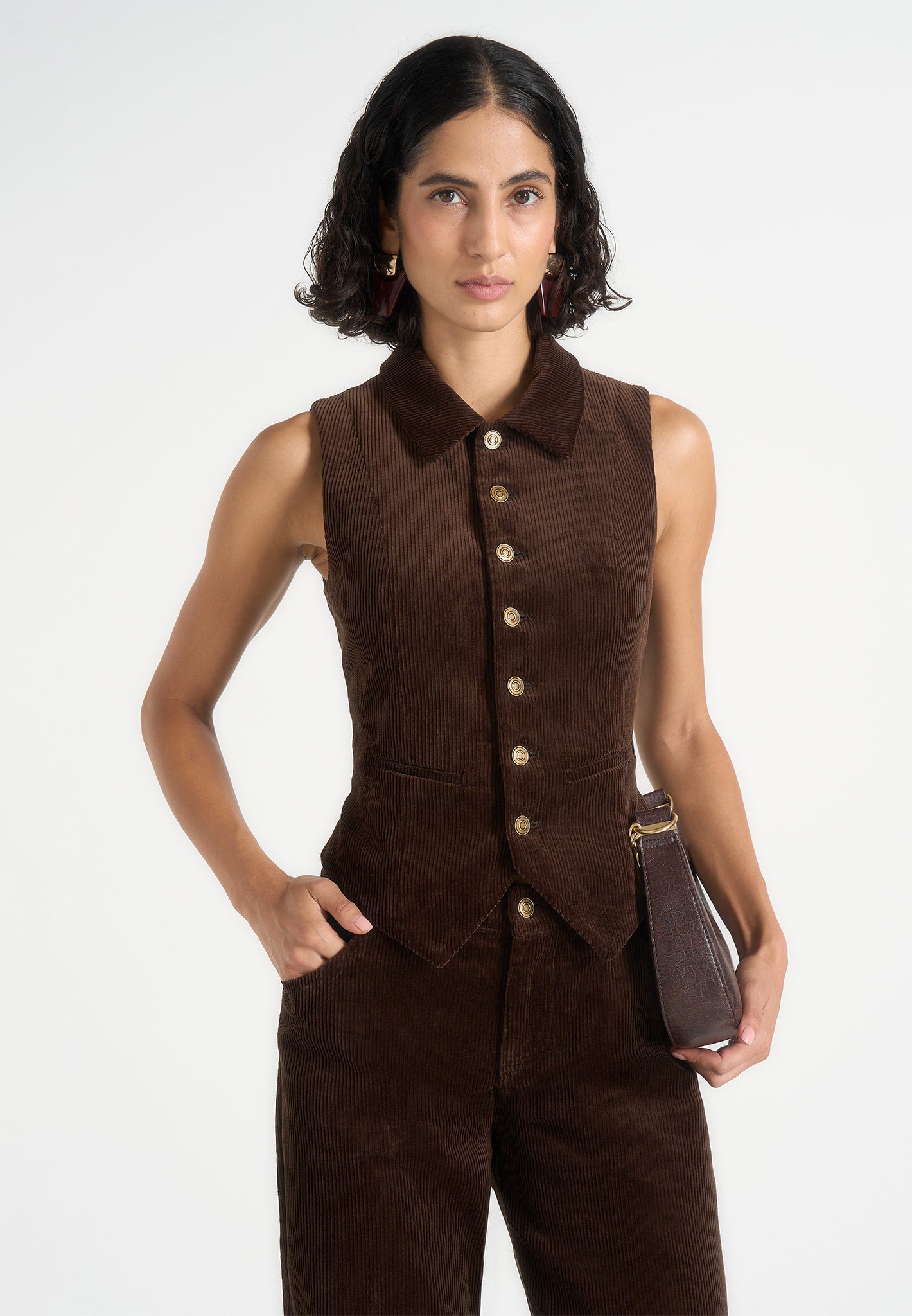 Nancy - Corduroy Cinched Collar Waistcoat - Brown