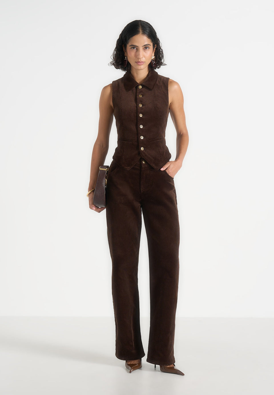 Nancy - Corduroy Cinched Collar Waistcoat - Brown
