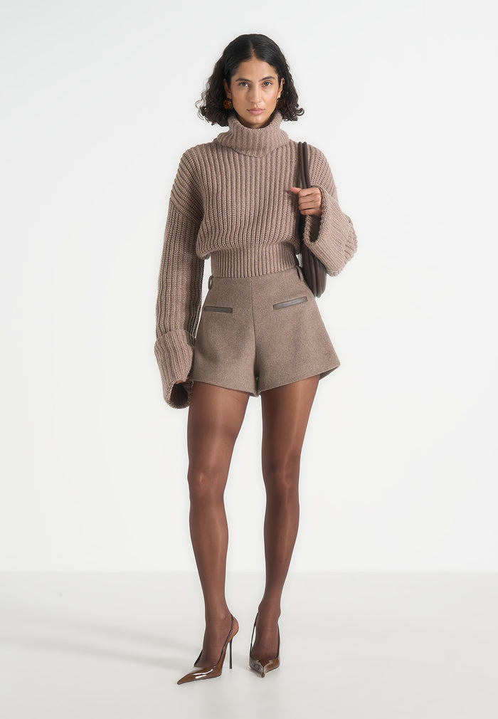 Tanya - High-Waisted Wool Shorts - Taupe