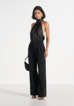 Phoebe - Satin Tie-Neck Blouson Open Back Top - Black