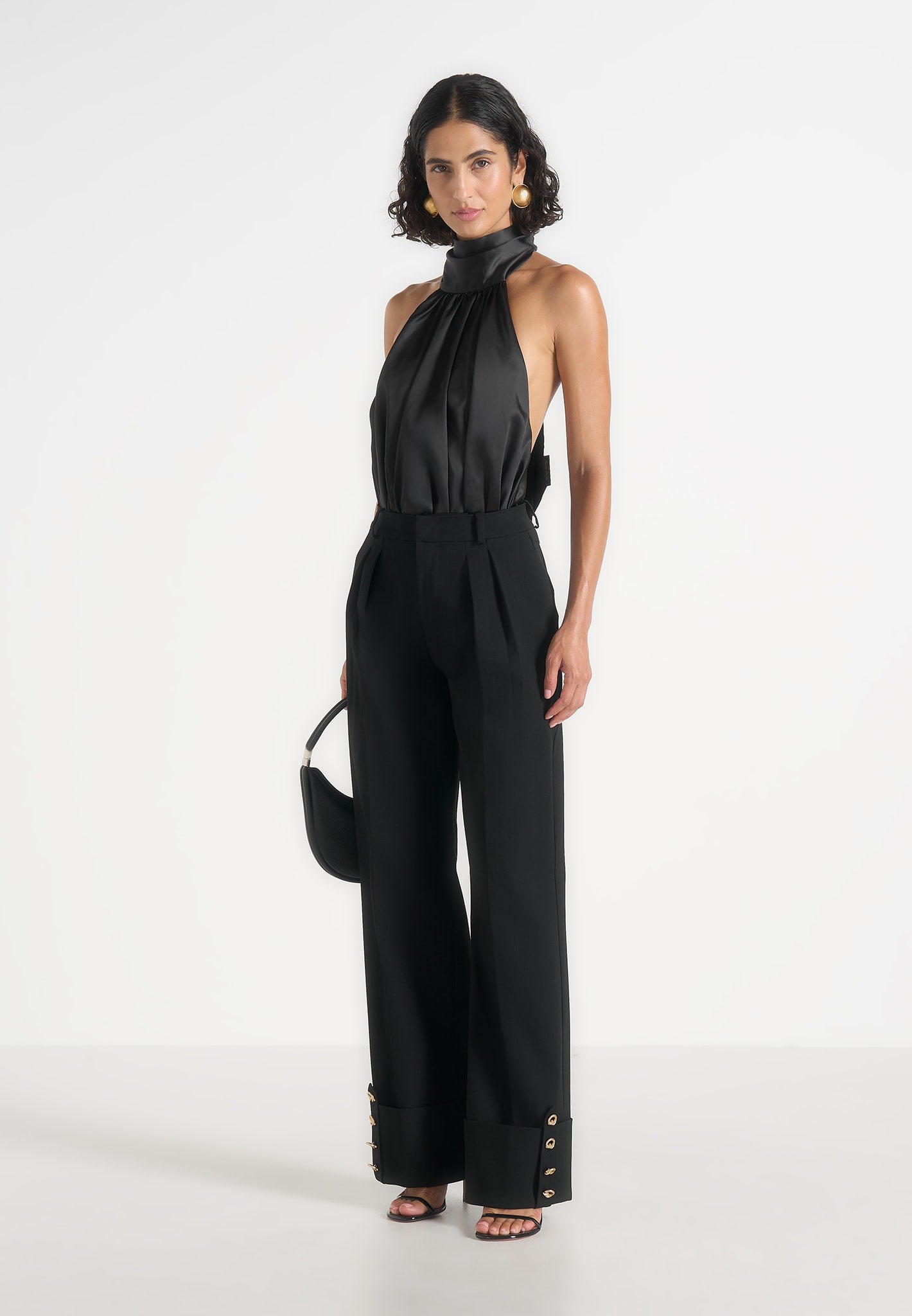 Phoebe - Satin Tie-Neck Blouson Open Back Bodysuit - Black