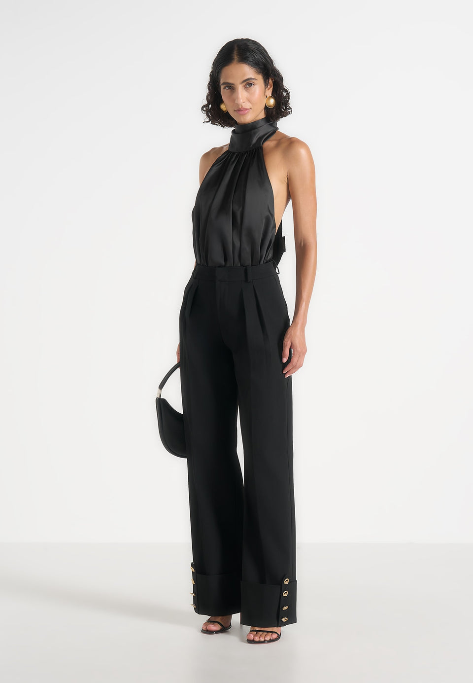 Phoebe - Satin Tie-Neck Blouson Open Back Bodysuit - Black