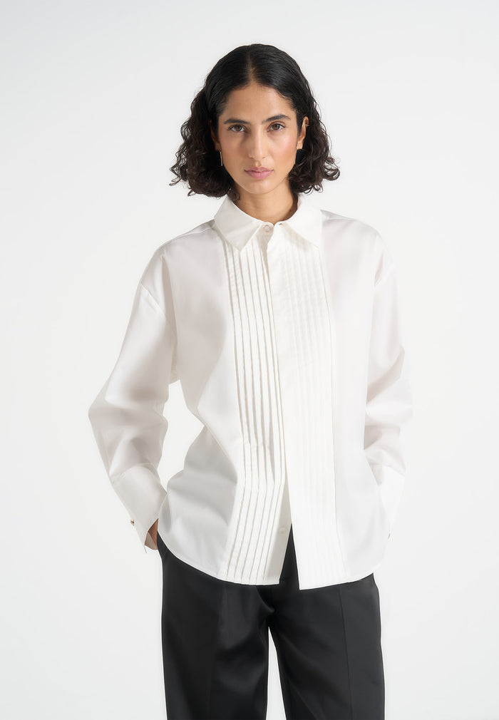 Hope - Pleated Tuxedo Cotton Shirt with Cinch Back - White