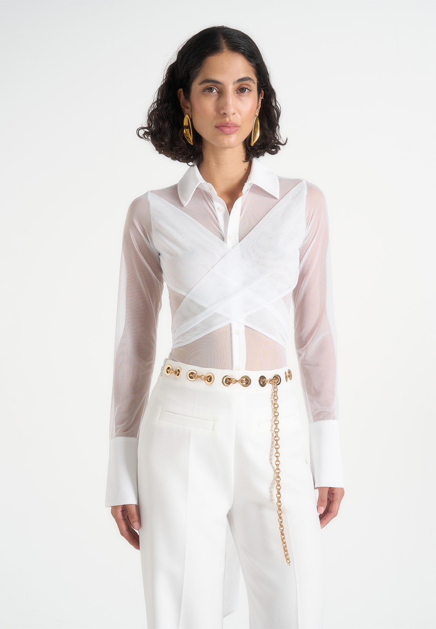 Canelle - Sheer Crossover Shirt Bodysuit – White