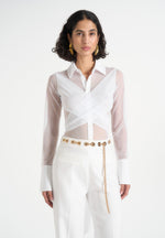 Canelle - Sheer Crossover Shirt Bodysuit – White