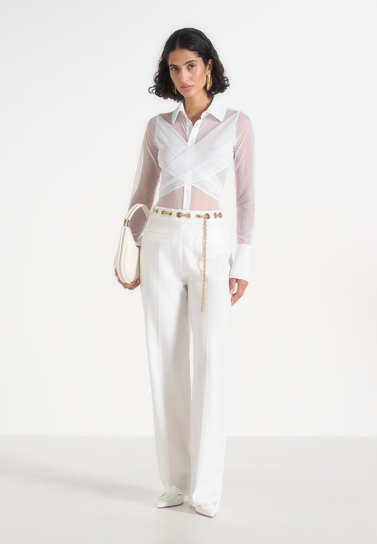 Canelle - Sheer Crossover Shirt Bodysuit - White