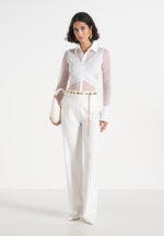 Canelle - Sheer Crossover Shirt Bodysuit – White