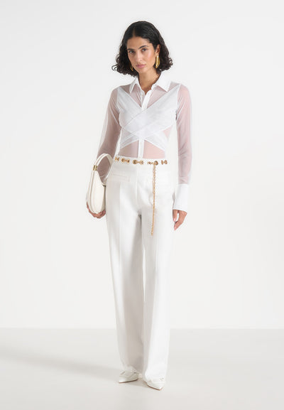 Canelle - Sheer Crossover Shirt Bodysuit – White