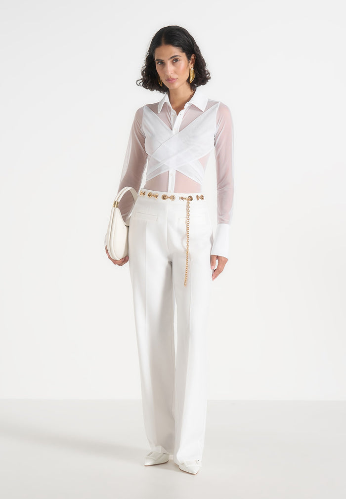 Canelle - Sheer Crossover Shirt Bodysuit – White