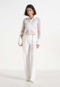 Canelle - Sheer Crossover Shirt Bodysuit – White