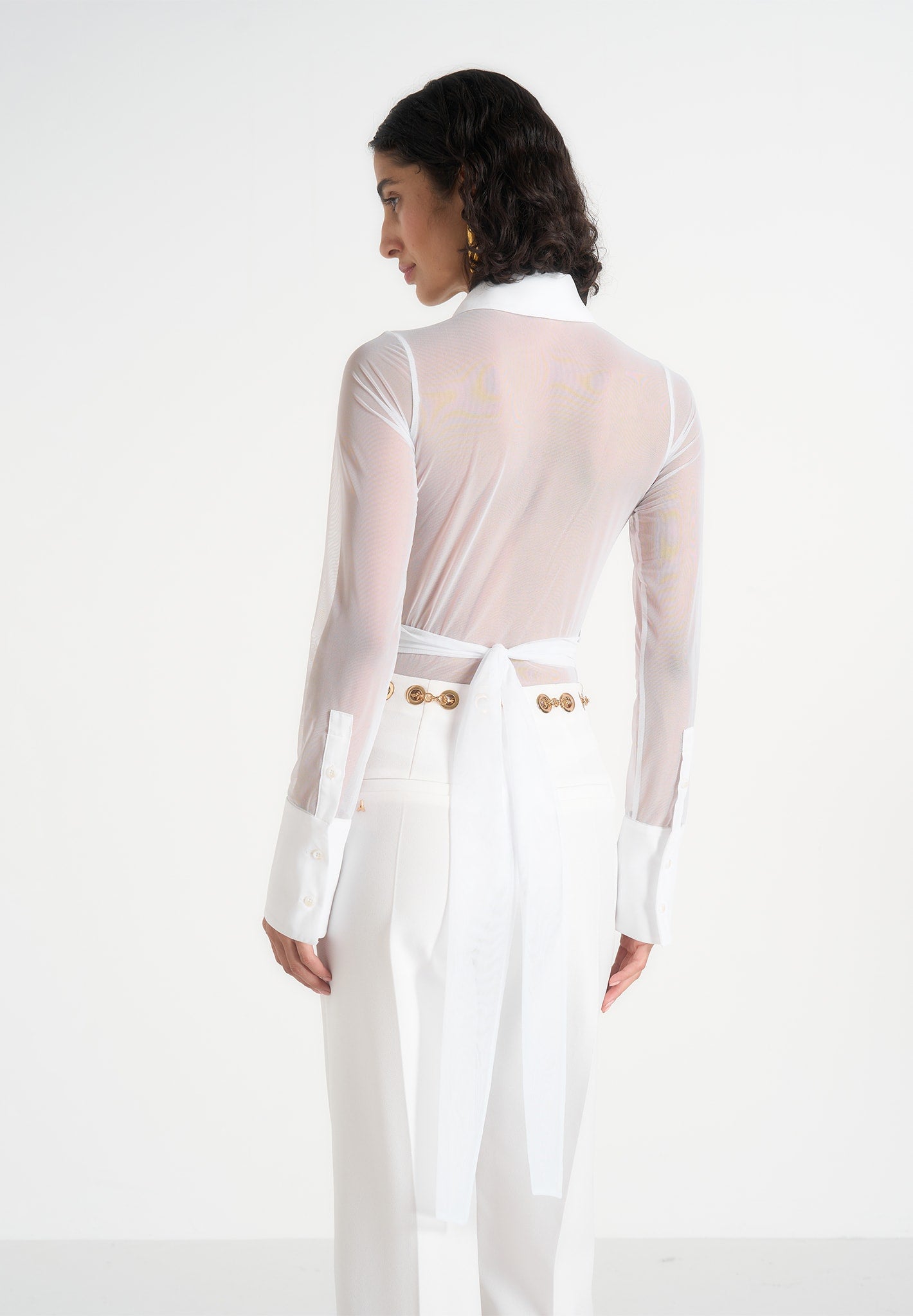 Canelle - Sheer Crossover Shirt Bodysuit – White