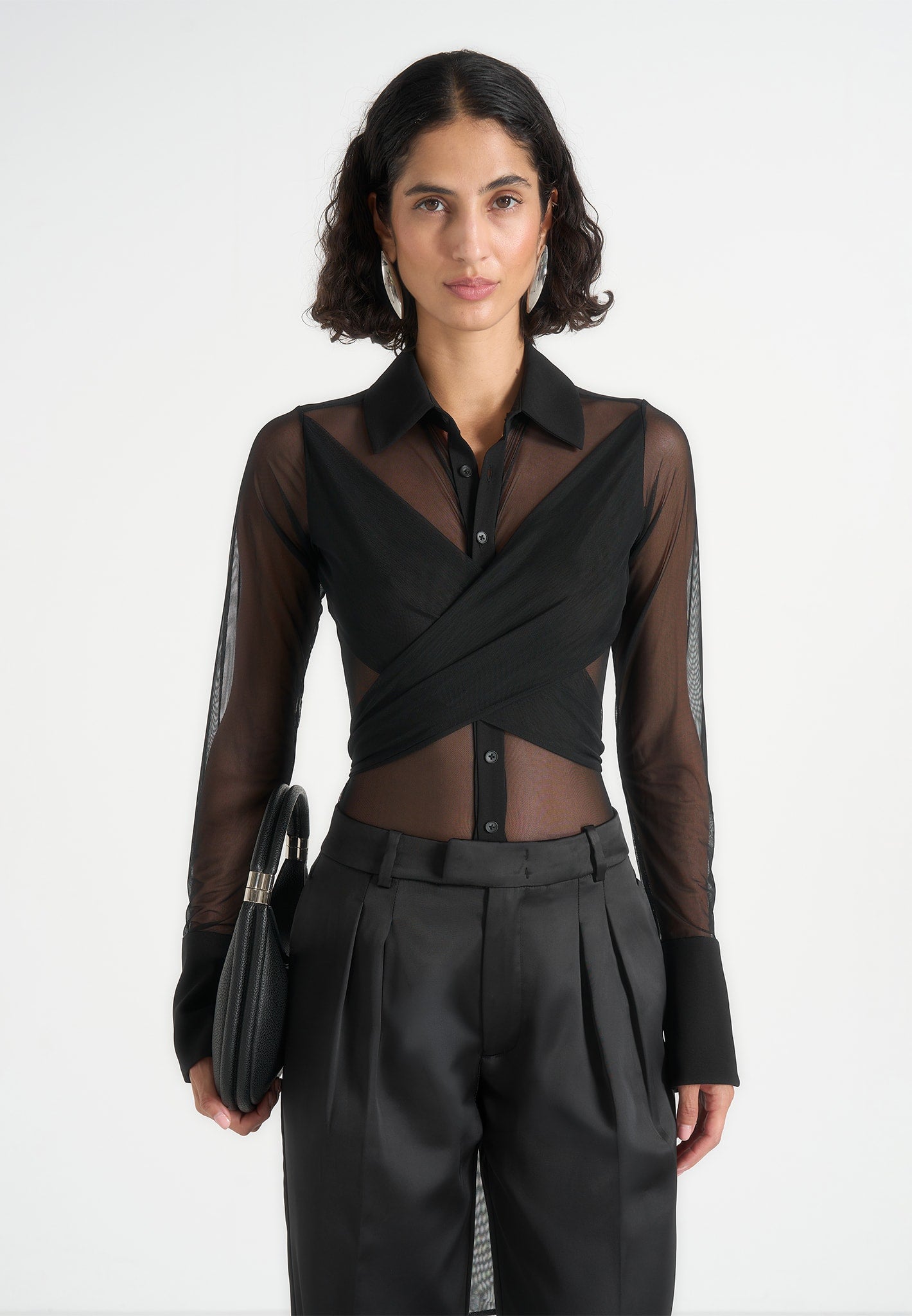 Canelle - Sheer Crossover Shirt Bodysuit - Black