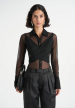 Canelle - Sheer Crossover Shirt Bodysuit - Black