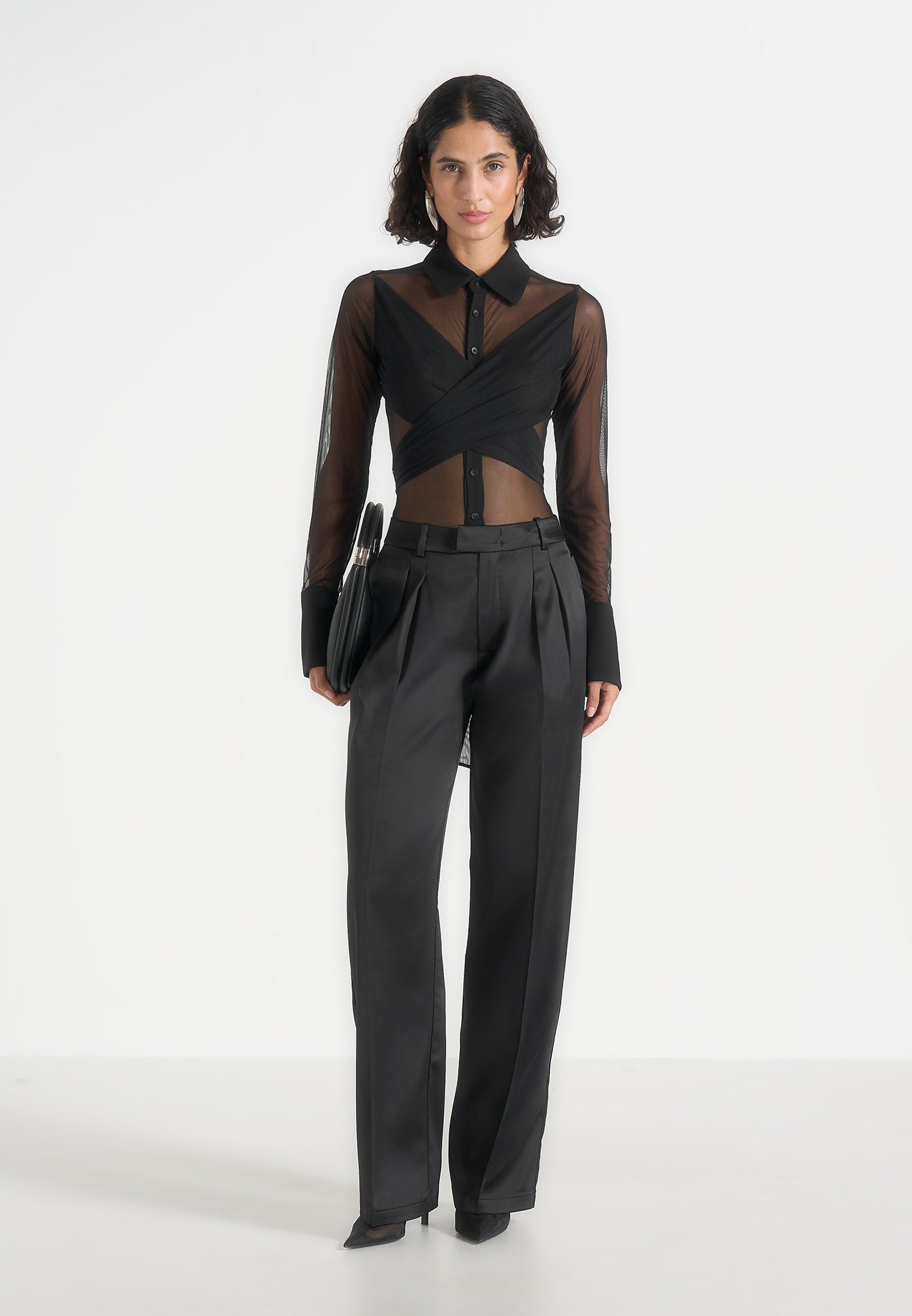 Canelle - Sheer Crossover Shirt Bodysuit - Black