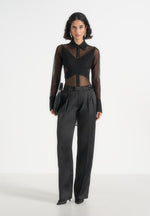 Canelle - Sheer Crossover Shirt Bodysuit - Black