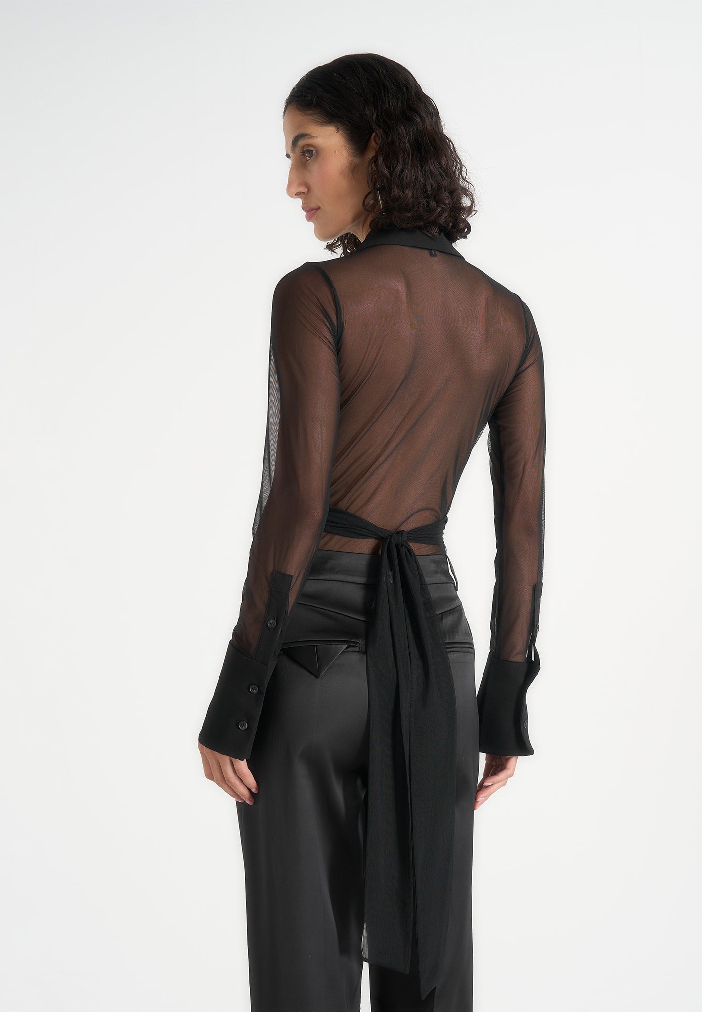 Canelle - Sheer Crossover Shirt Bodysuit - Black