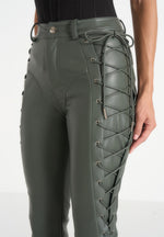 Ambre - Leather Lace Up Flared Trousers - Olive