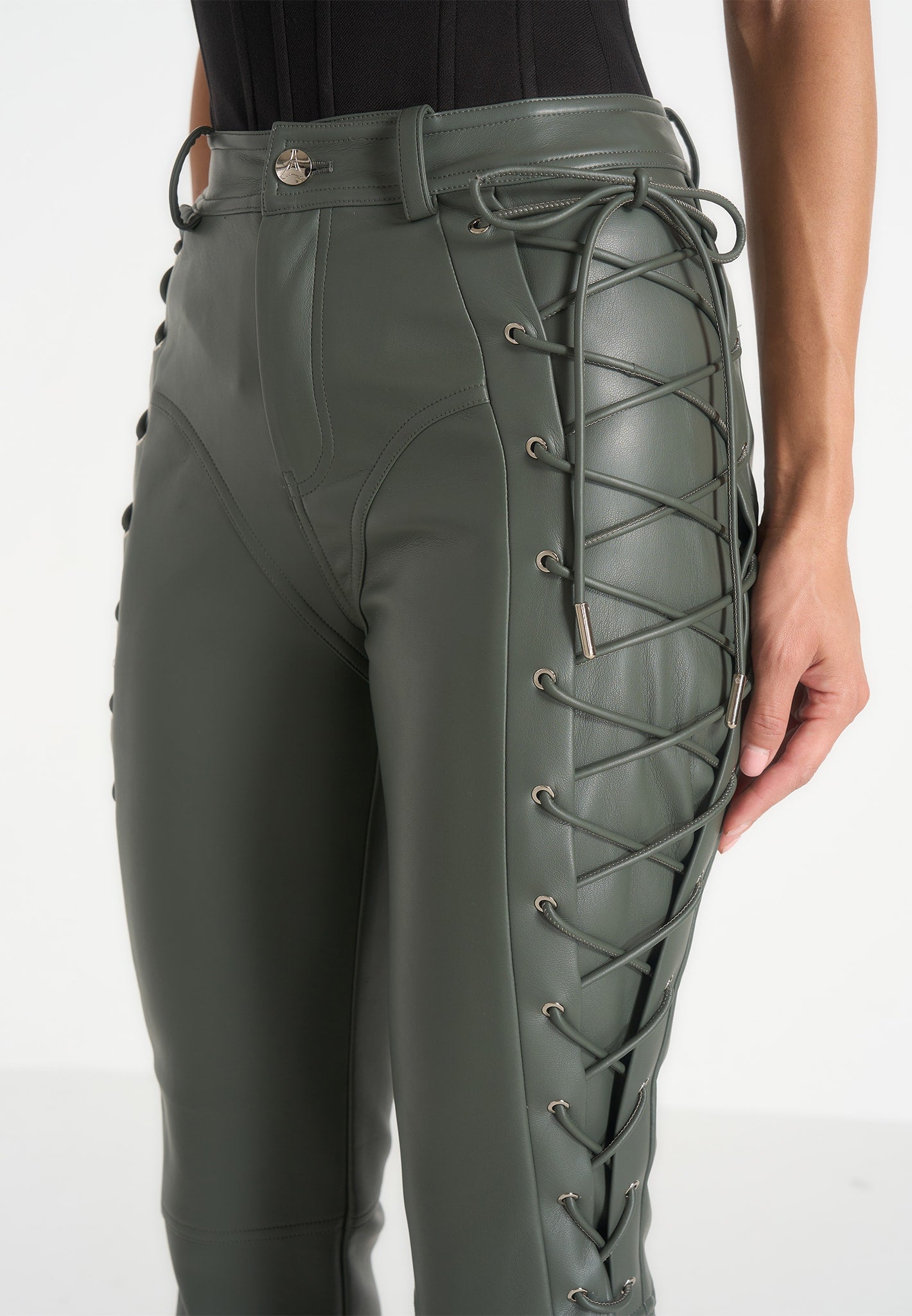 Ambre - Vegan Leather Lace Up Flared Trousers - Olive