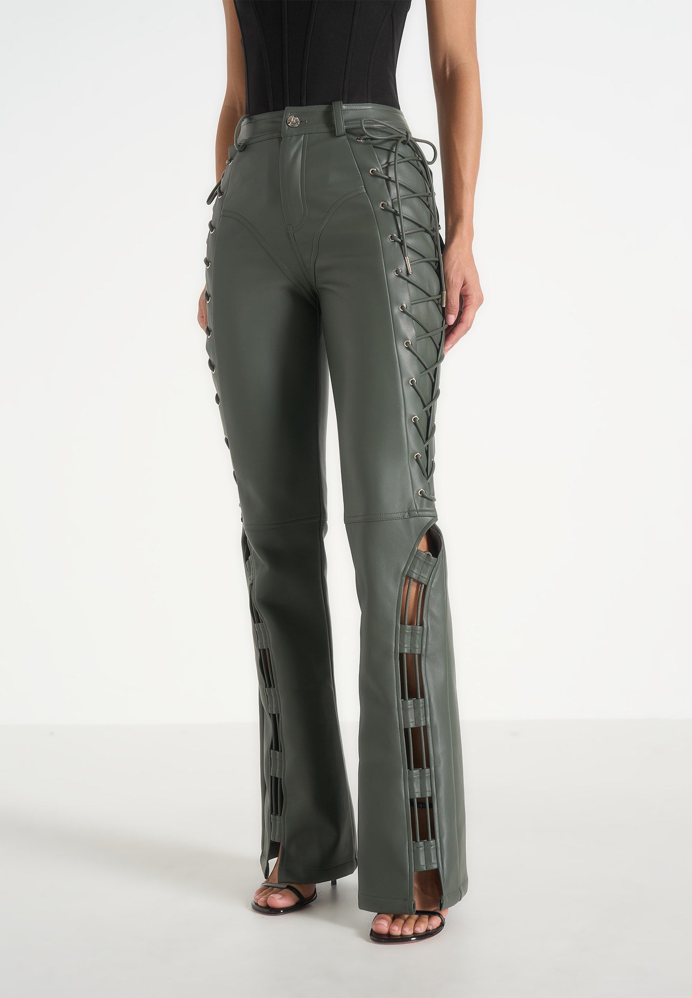 Ambre - Leather Lace Up Flared Trousers - Olive