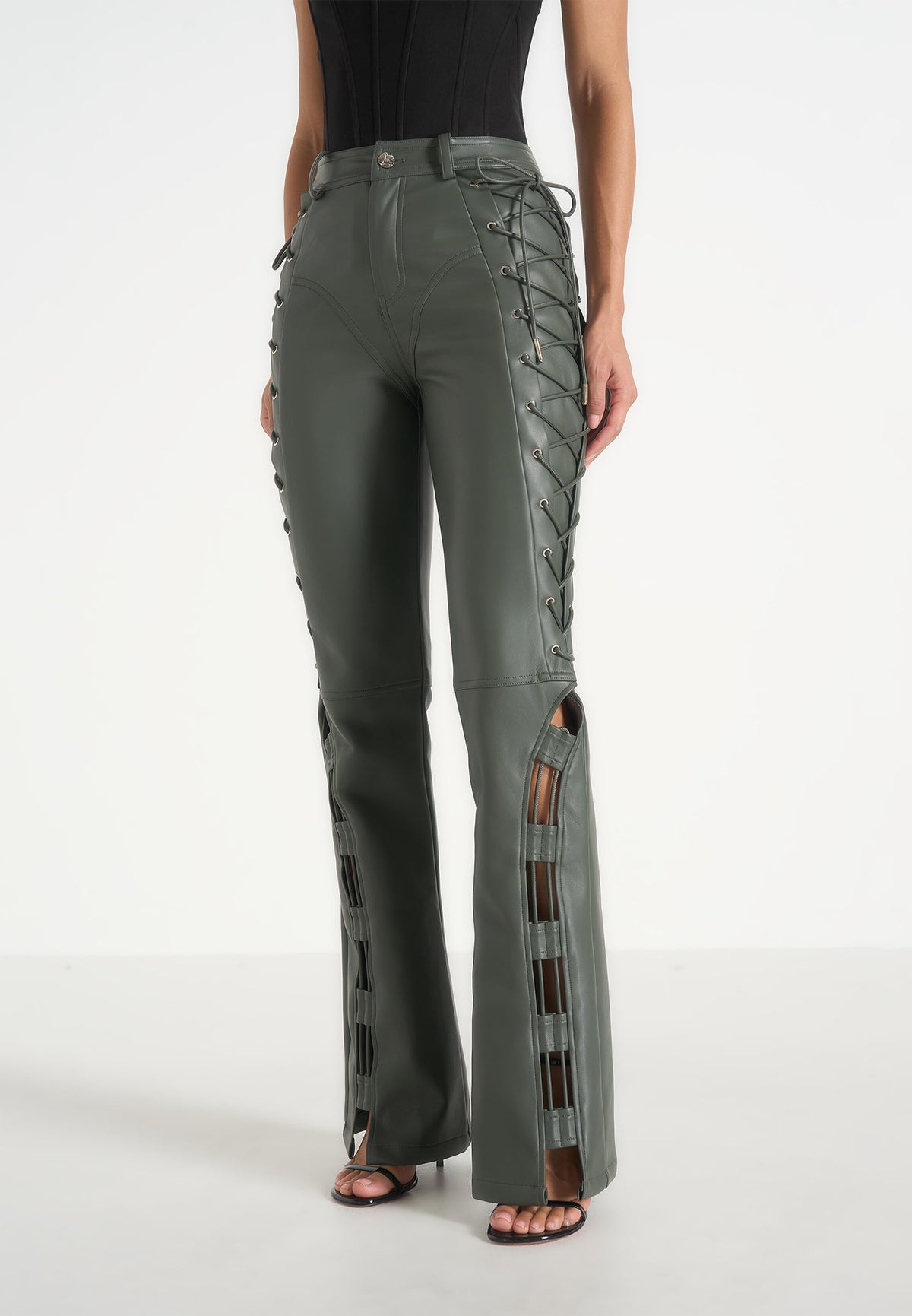 Ambre - Leather Lace Up Flared Trousers - Olive