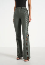 Ambre - Leather Lace Up Flared Trousers - Olive