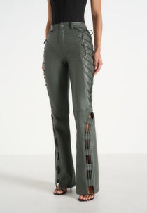 Ambre - Leather Lace Up Flared Trousers - Olive