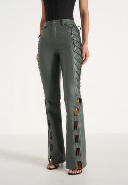 Ambre - Leather Lace Up Flared Trousers - Olive