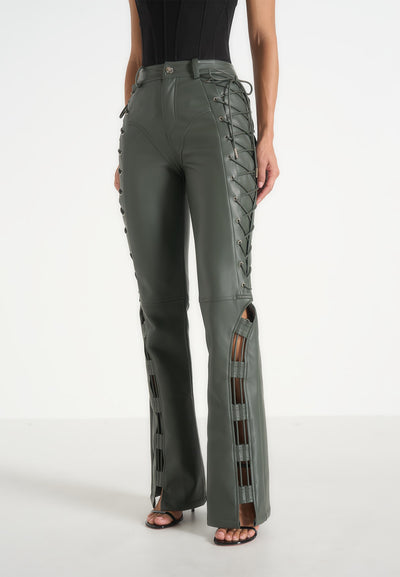 Ambre - Leather Lace Up Flared Trousers - Olive