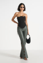 Ambre - Leather Lace Up Flared Trousers - Olive