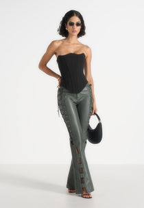 Ambre - Leather Lace Up Flared Trousers - Olive