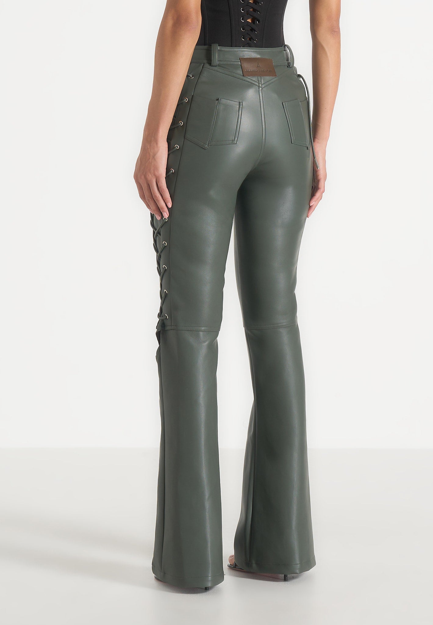 Ambre - Vegan Leather Lace Up Flared Trousers - Olive