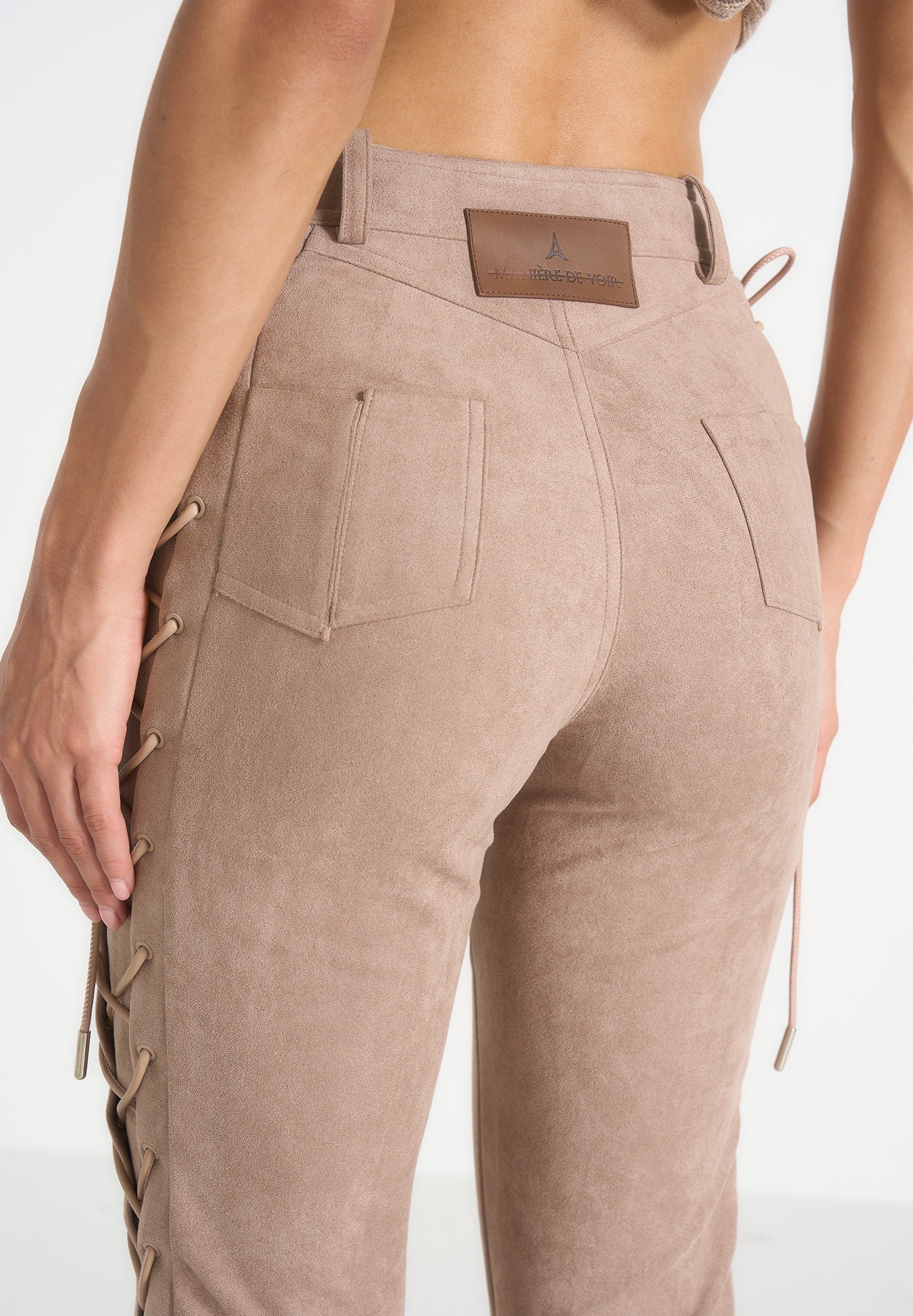 Ambre - Suede Lace Up Flared Trousers - Taupe