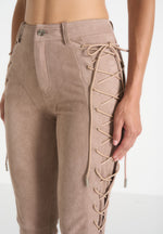 Ambre - Suede Lace Up Flared Trousers - Taupe